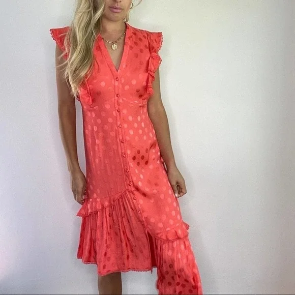 Three Floor Euphoric Coral Red Polka Dot Dress